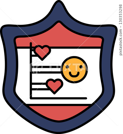 A shield with a smiling face and hearts on it 130353298