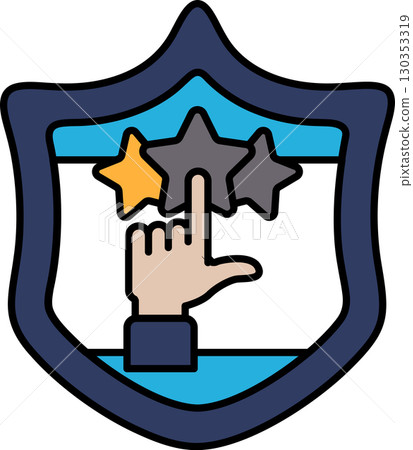 A hand pointing to three stars on a shield 130353319