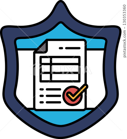 A blue shield with a white paper with a check mark on it 130353360