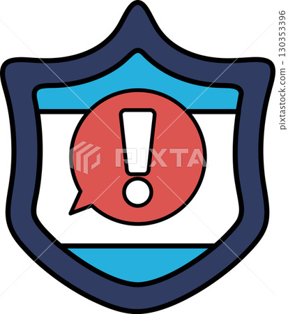 A blue shield with a red circle and a red exclamation point A blue shield with a red circle and a red exclamation point 130353396