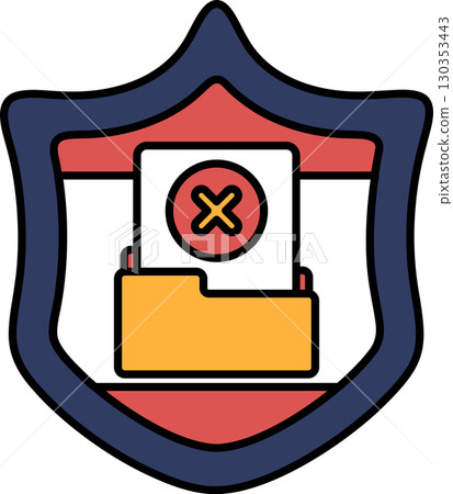 A blue shield with a red and yellow folder with an X on it 130353443