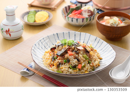 Home-style fried rice set meal with mackerel jerky | Japanese cuisine image of steaming freshly cooked rice, miso soup, and side dishes Home-style fried rice set meal with mackerel jerky | Japanese cuisine image of steaming freshly cooked rice, miso soup, and side dishes 130353509