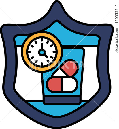 A black and white image of a shield with a clock on it 130353541