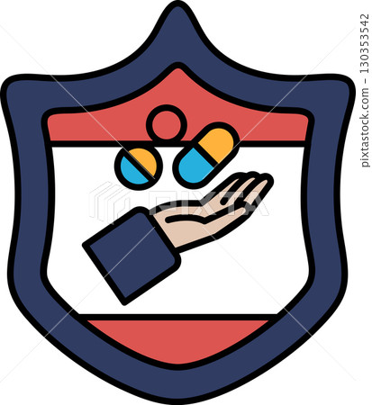 A shield with a hand holding three pills 130353542