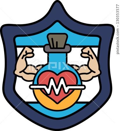 A shield with a heart and a bottle on it 130353577