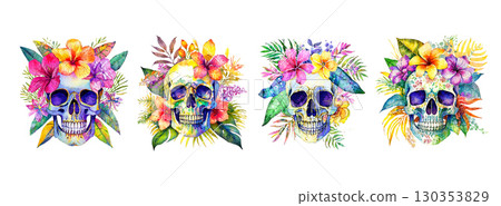 A vivid, watercolor-style painting of a skull adorned with colorful, exotic flowers. 130353829