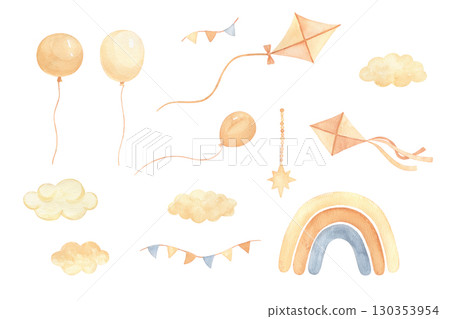 Watercolor balloon, pennant and rainbow. Hand drawn isolated illustrations set for children. Cute drawings, clouds, kite 130353954