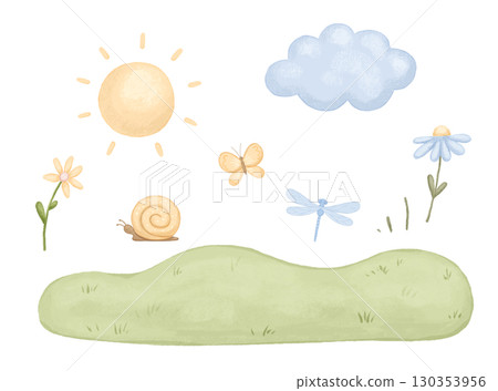Set of watercolor elements of summer nature, sun, meadow, butterfly and flowers, cute children's drawings on isolated background 130353956