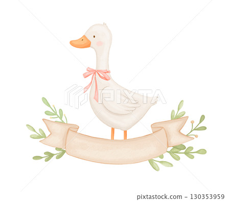 Watercolor cute baby goose with bow and banner for text. Funny bird character on isolated background for card Watercolor cute baby goose with bow and banner for text. Funny bird character on isolated background for card 130353959