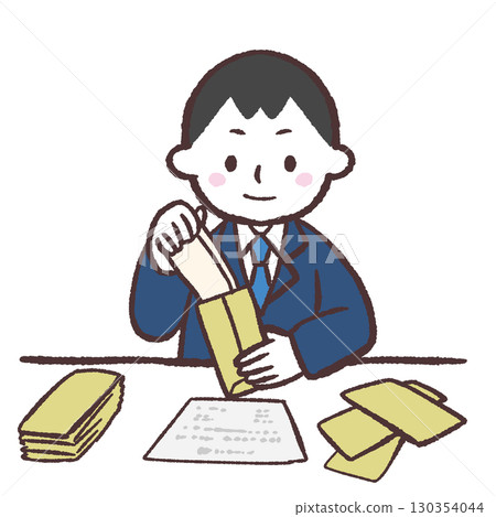 一位男士在包裝上工作的插圖 130354044