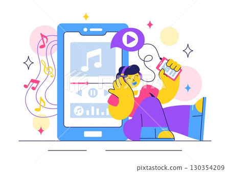 Music Streaming Lifestyle Vector Illustration featuring Entertainment Services from Live Streams to Music Listening in a Flat Style Cartoon Background Music Streaming Lifestyle Vector Illustration featuring Entertainment Services from Live Streams to Music Listening in a Flat Style Cartoon Background 130354209