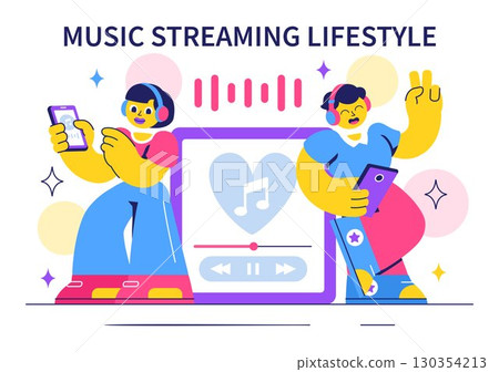 Music Streaming Lifestyle Vector Illustration featuring Entertainment Services from Live Streams to Music Listening in a Flat Style Cartoon Background Music Streaming Lifestyle Vector Illustration featuring Entertainment Services from Live Streams to Music Listening in a Flat Style Cartoon Background 130354213