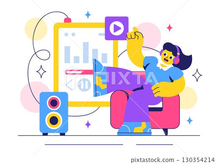 Music Streaming Lifestyle Vector Illustration featuring Entertainment Services from Live Streams to Music Listening in a Flat Style Cartoon Background 130354214