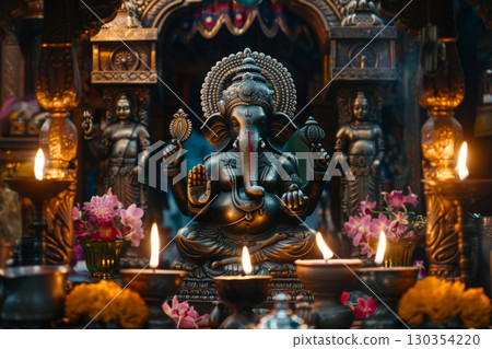 Lord Ganesha statue with candles in temple 130354220