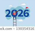 Vision to lead business to achieve goal businessman leader climb up to reach top of ladder high in the sky look forward to future 2025-2026 Years Ladder of success 130354316