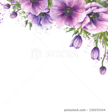 Anemone flowers with pink buds and leaves on watercolor painted purple, green, splashes, spotted background. Isolated corner frame illustration. Windflowers floral template for wedding, greeting card Anemone flowers with pink buds and leaves on watercolor painted purple, green, splashes, spotted background. Isolated corner frame illustration. Windflowers floral template for wedding, greeting card 130355434