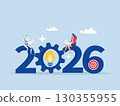 Businesswoman with Artificial Intelligence work together for 2026 New Year business goals. Teamwork for success and achieving targets. Dart hits the bullseye. strategy, planning vector 130355955