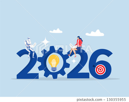 Businesswoman with Artificial Intelligence work together for 2026 New Year business goals. Teamwork for success and achieving targets. Dart hits the bullseye. strategy, planning vector 130355955