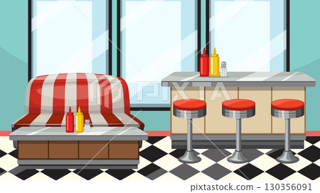 Retro Diner Interior with Checkered Floor Retro Diner Interior with Checkered Floor 130356091