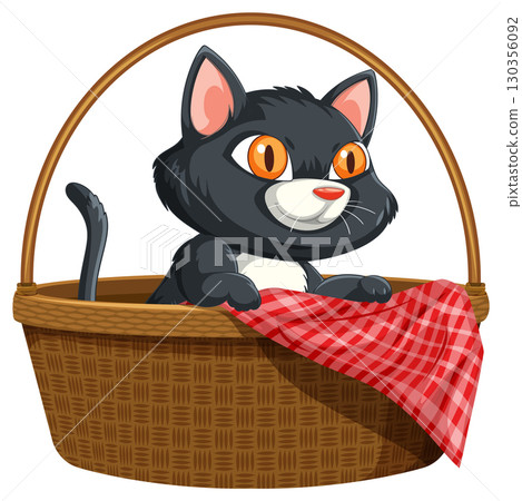 Black Cat Sitting in Wicker Basket with Red Cloth 130356092