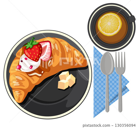 Croissant with Strawberry Cream and Lemon Tea Breakfast 130356094