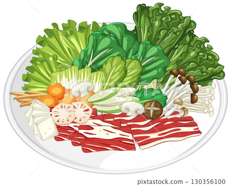 Colorful Asian Cuisine Vector Illustration on Plate 130356100