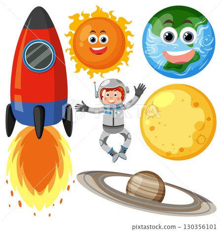 Cartoon Astronaut and Rocket with Smiling Planets and Sun 130356101