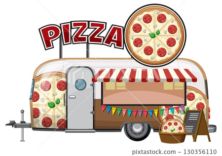 Retro Pizza Food Truck with Colorful Awning 130356110