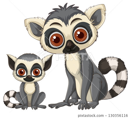 Cartoon Ring-Tailed Lemur and Baby Sitting Together 130356116