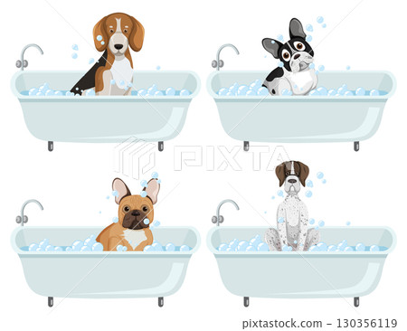 Four Different Dog Breeds Taking Baths in Tubs 130356119