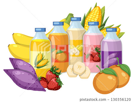 Assorted Fruit Juice Bottles with Fresh Produce 130356120
