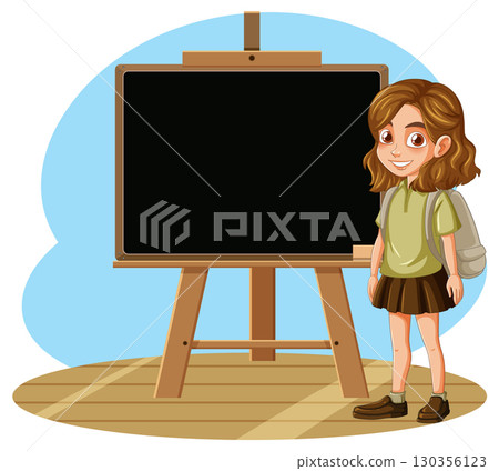 Smiling Schoolgirl Standing Beside Blank Blackboard Smiling Schoolgirl Standing Beside Blank Blackboard 130356123
