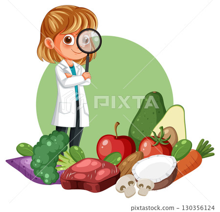 Scientist Examining Healthy Foods With Magnifying Glass 130356124