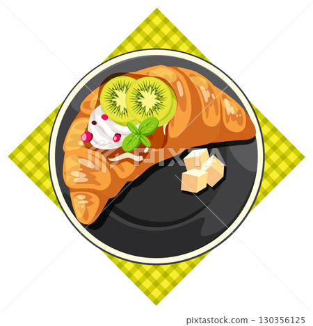 Croissant with Kiwi Fruit and Whipped Cream on Plate 130356125
