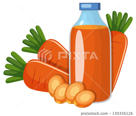 Carrot Juice Bottle with Fresh Carrots and Slices 130356126