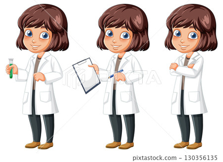 Female Scientist Character in Three Professional Poses Female Scientist Character in Three Professional Poses 130356135