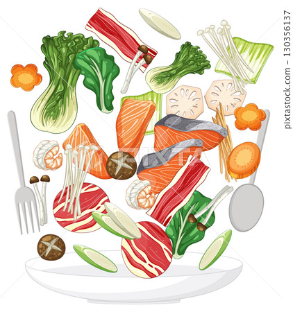 Assorted Hot Pot Ingredients Falling Above Plate 130356137