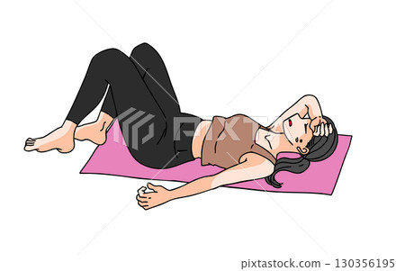 Illustration of a tired woman sweating on a yoga mat Illustration of a tired woman sweating on a yoga mat 130356195