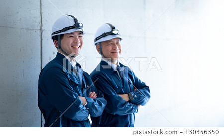 Young and veteran workers in work clothes 130356350
