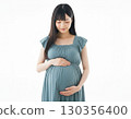 Pregnant woman touching stomach 130356400