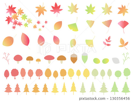 Autumn-themed illustration set: icons of autumn leaves, green maples, ginkgo leaves, mushrooms 130356456