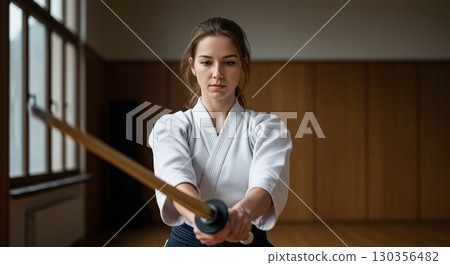 Caucasian female international student practicing kendo 130356482