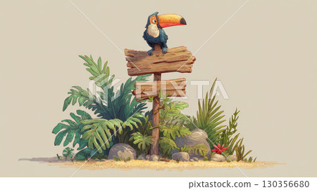 Wooden signpost with tropical plants and colorful toucan bird perched top, creating lively jungle scene with vibrant greenery and natural elements 130356680