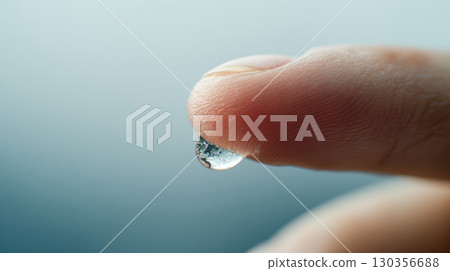 Water droplet on fingertip close up macro photography showing skin texture and clear liquid detail with soft blue background 130356688