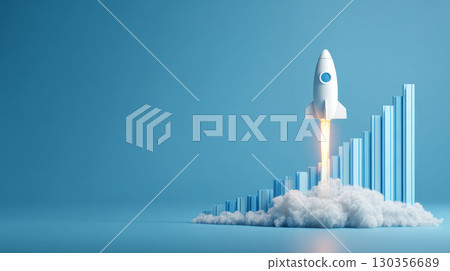 Rocket launching with smoke and fire in front of blue ascending bar graph symbolizing business growth and success concept 130356689