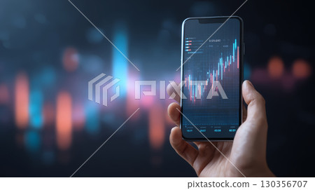 Stock market graph on smartphone screen held by hand with blurred financial data background, showing digital trading and investment growth 130356707