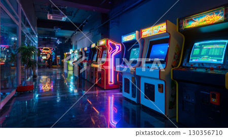 Arcade game machine with neon light in dark room reflecting on shiny floor creating vibrant atmosphere 130356710