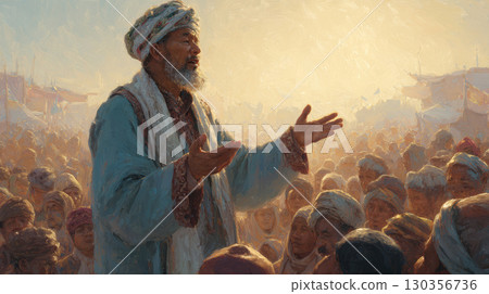 Man in traditional clothing speaking to crowd in warm light, expressing passion and wisdom in historical or cultural setting Man in traditional clothing speaking to crowd in warm light, expressing passion and wisdom in historical or cultural setting 130356736