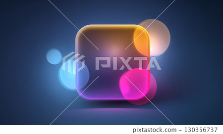 Glowing translucent square with rounded corners and colorful light orbs on dark background creating vibrant and futuristic effect 130356737