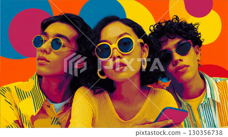 Young people wearing sunglasses and colorful clothes posing with confident expressions against vibrant background with circles, showing modern Young people wearing sunglasses and colorful clothes posing with confident expressions against vibrant background with circles, showing modern 130356738